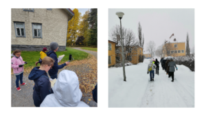 Kaksi valokuvaa kampuskierroksilta, joissa näkyy ihmisiä. Toinen kuva on syksyinen ja toinen luminen.