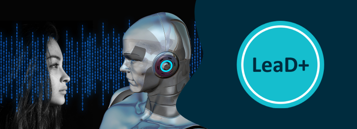 Bannerikuva, jossa kuvituskuva robotista keskustelelmassa ihmiselle. Vasemmalla LeaD+ logo.