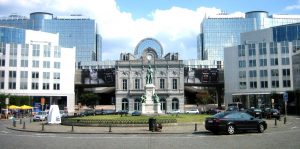 Photo illustrates Place de Luxembourg, Luxembourg square cpatured in front of the european Parliament in Brussels