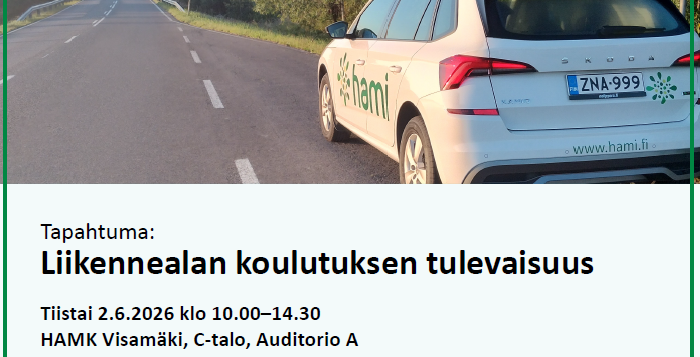 Kuvassa HAMIn auto ja tieto liikennealan seimaarista.
