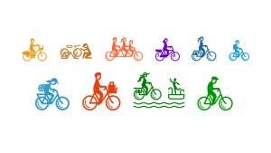 Pyöräilyviikon teemapäivien logot, joissa ihmisiä pyöräilemässä eri pyörillä