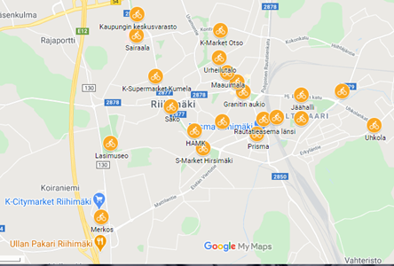 Karttakuva Riihimäen kaupunkipyörien asemaverkostosta