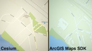 Kuva 3 Cesium ja ESRI ArcGIS Maps SDK -plugineiden tarjoamat pohjakartat eivät tiedoiltaan vastanneet toisiaan