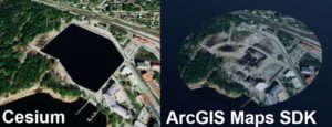 Kuva 5 Cesiumin ja ArcGIS Maps SDK:n rajaustyökalujen eroavaisuudet: Cesium piilotti alueita, kun taas ArcGIS Maps SDK korosti
