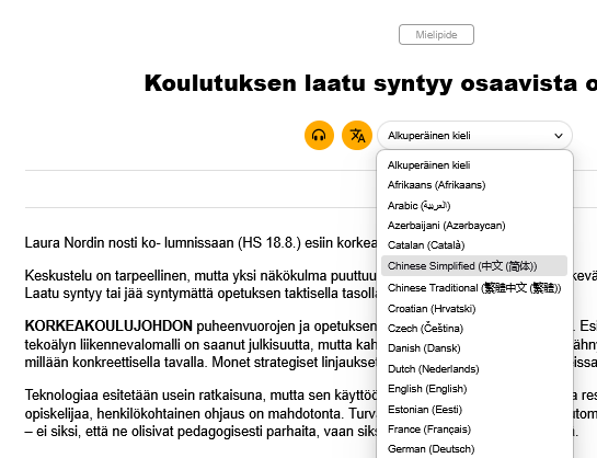 Käännöstyökalu löytyy heti otsikon alta. Valitse kieli ja käännös on valmis.
