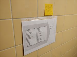 Paper and post-it note on a toilet wall